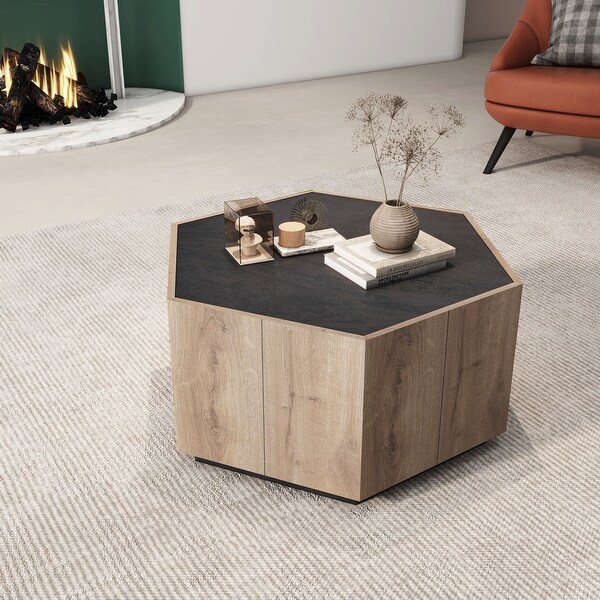 Hexagonal Rural Style Garden Retro Living Room Coffee Table with 2 Drawers Textured Black Warm Oak
